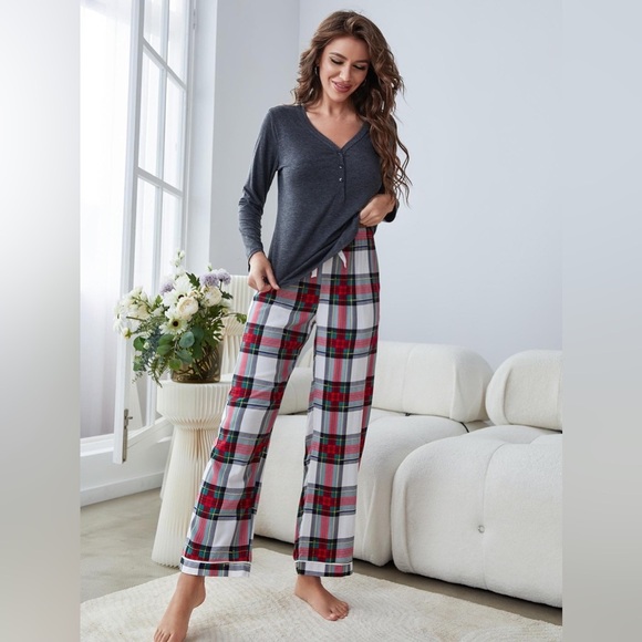 Buttoned Long Sleeve Top and Plaid Pants Lounge Set